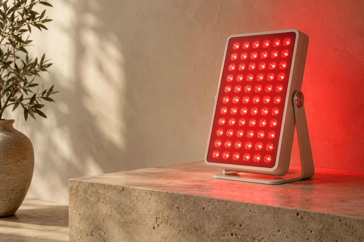 A red light panel casting a warm glow on a travertine plinth in a calm interior